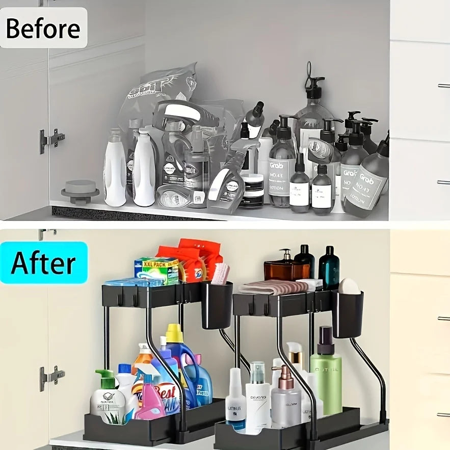 “2-tier pull-out metal under sink organizer with cleaning supplies”