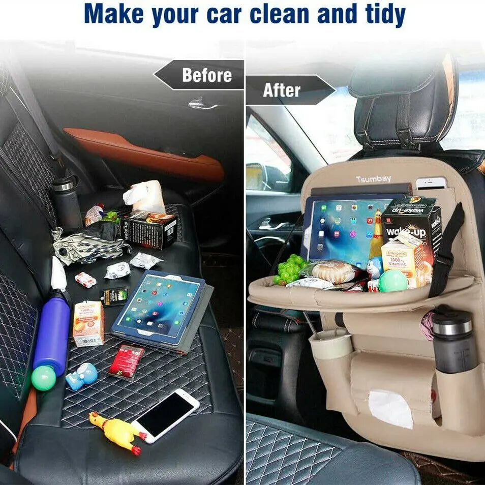 “PU leather car seat back organizer with foldable table tray and multiple pockets”