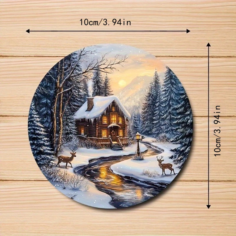 Close-up of reindeer and cabin print on coaster