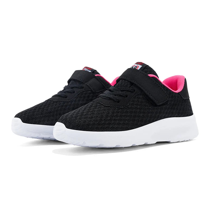 Black and pink sneakers with white soles on a white background
