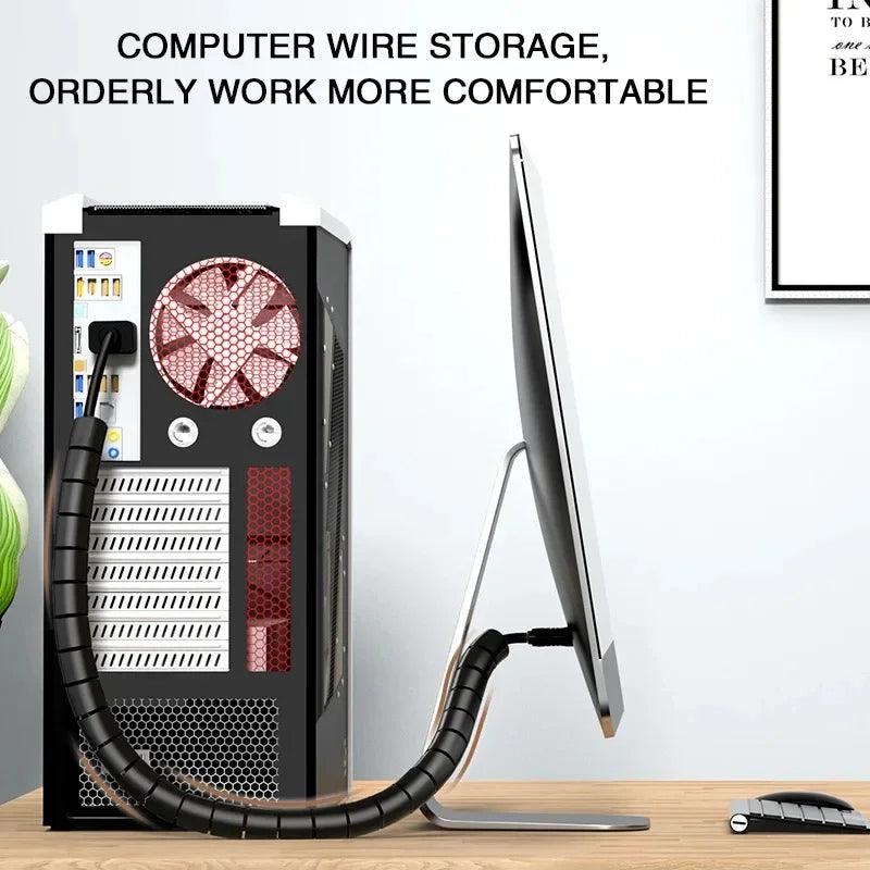“Black 2 m spiral cable organizer wrapping computer cords”