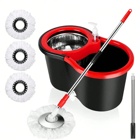 Spin mop and bucket set with 3 microfiber heads – black and red