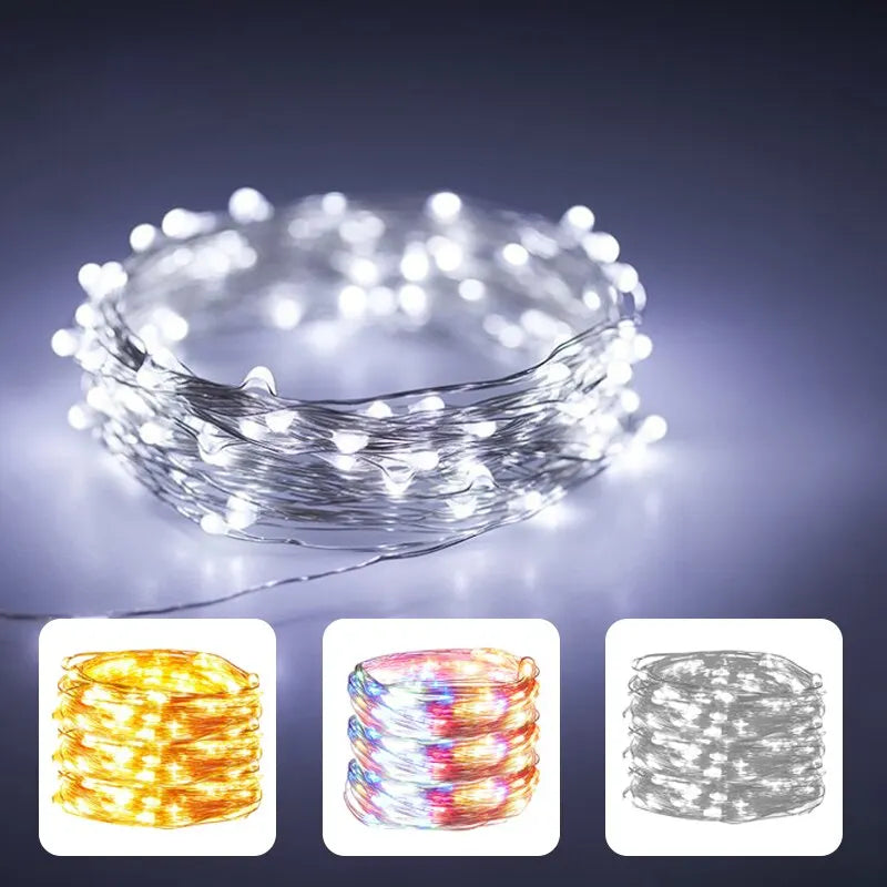 USB copper wire fairy lights glowing in warm white