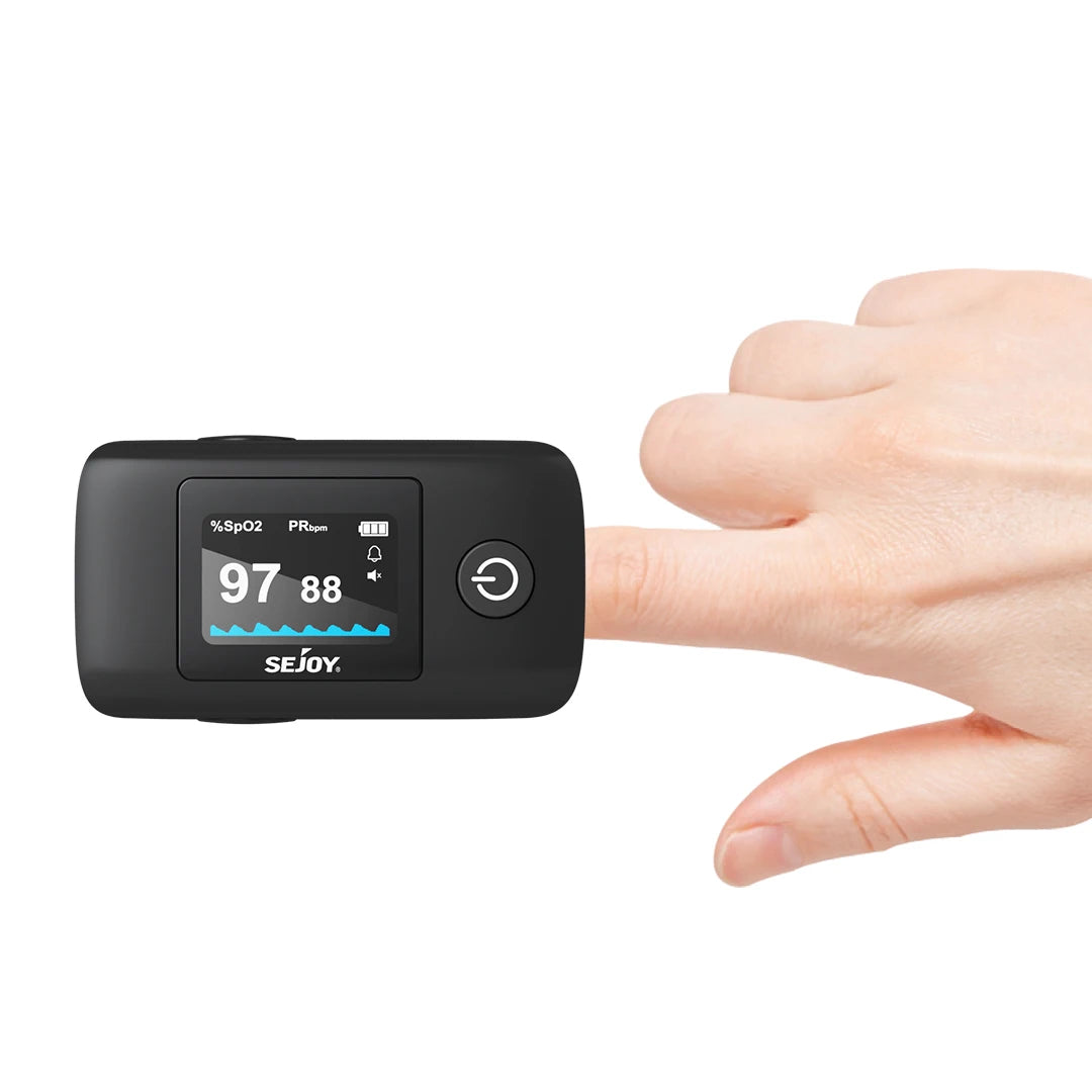 Finger pulse oximeter being used on a finger with a white background