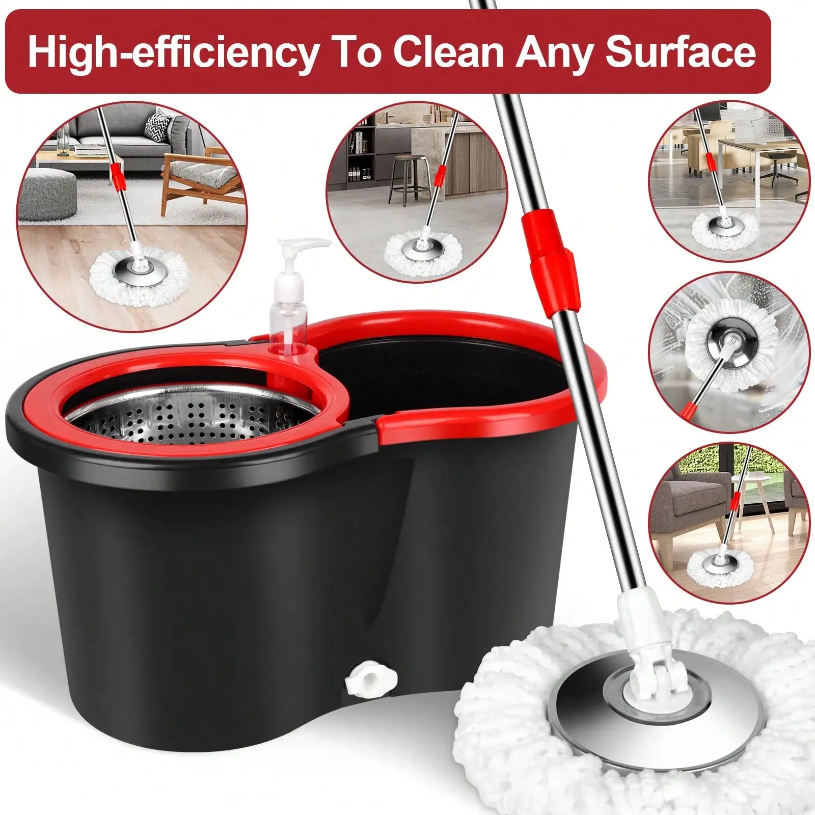 Spin mop and bucket set with 3 microfiber heads