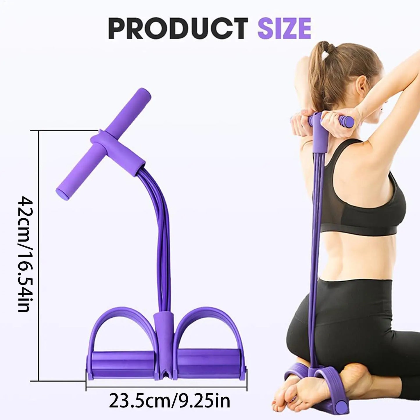 “Woman doing sit-up workout with 4-tube pedal puller resistance band”