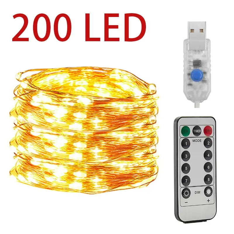 Remote-controlled LED string lights on Christmas tree