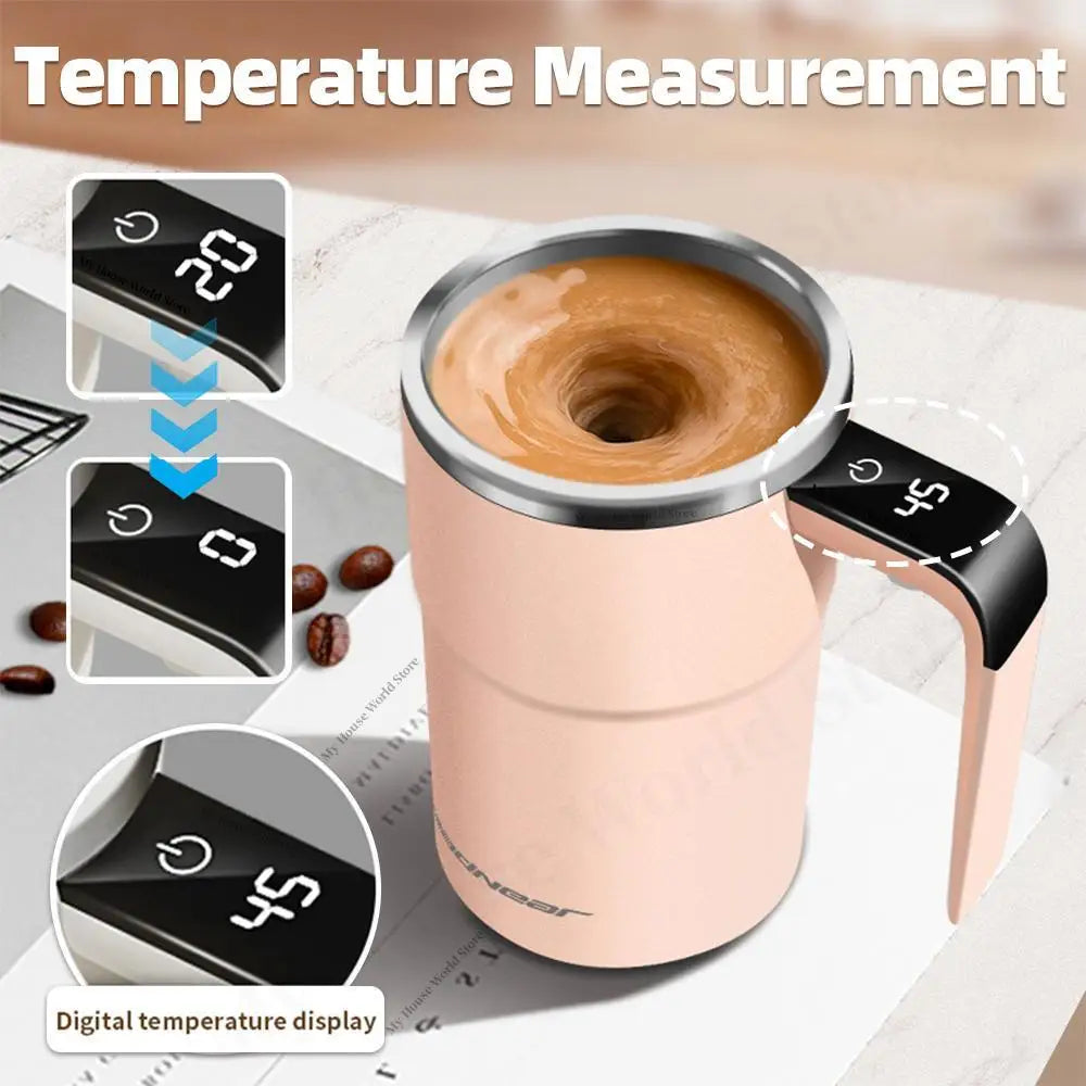 Rechargeable self-stirring mug with temperature display