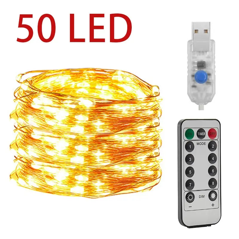 Remote-controlled LED string lights on Christmas tree