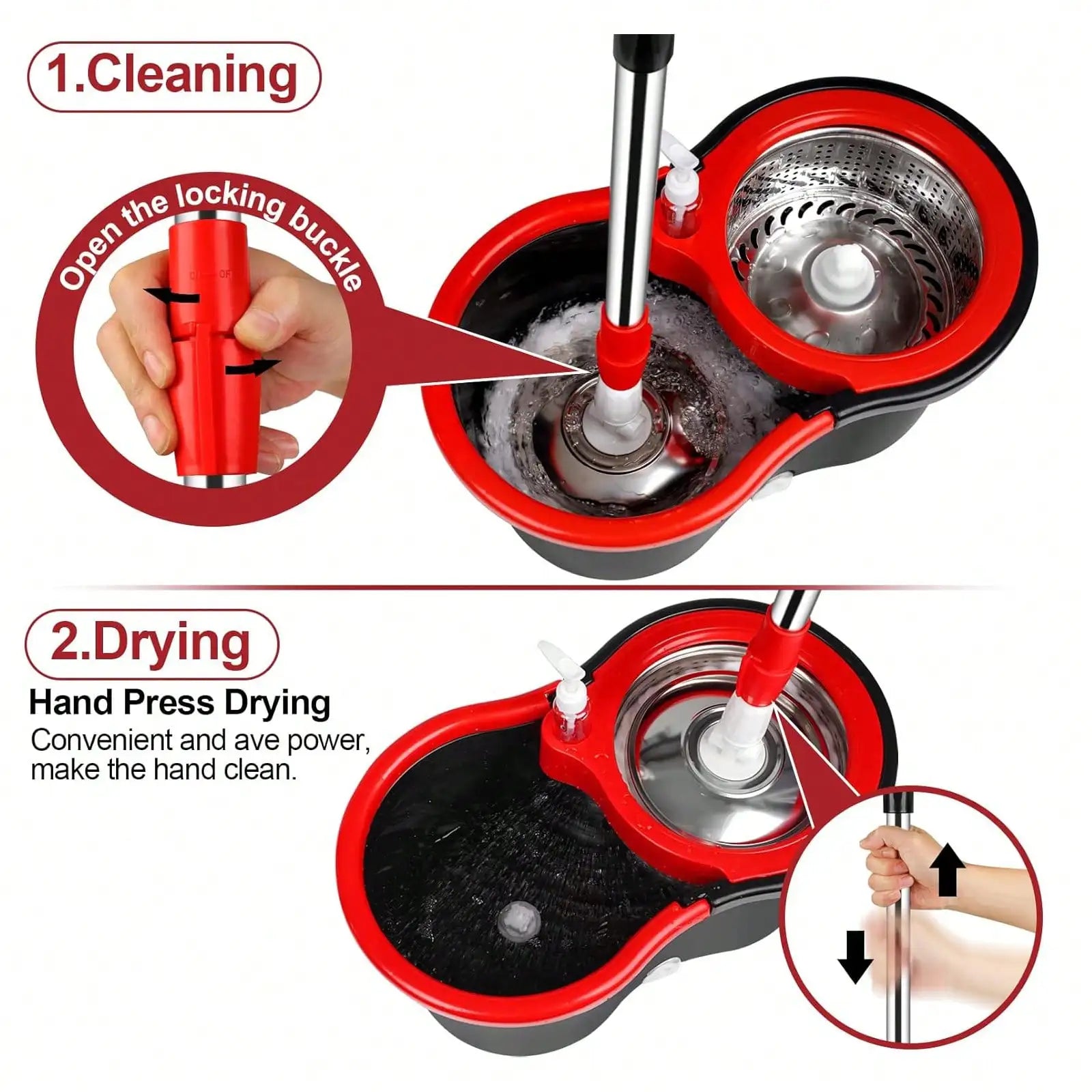 Spin mop and bucket set with 3 microfiber heads