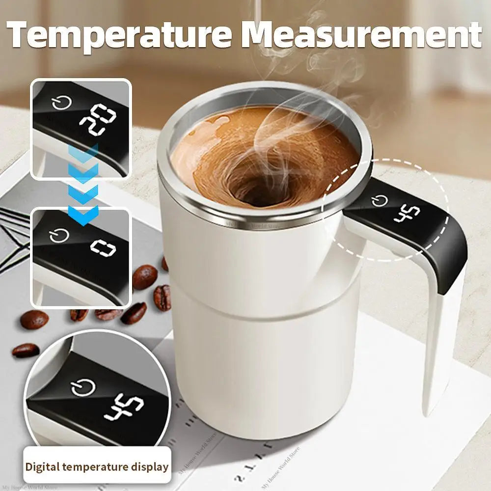 Rechargeable self-stirring mug with temperature display
