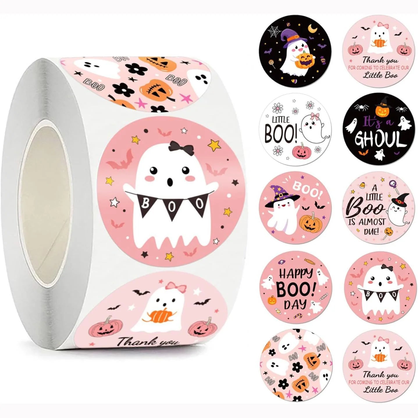 Roll of 500 pink Halloween cartoon stickers