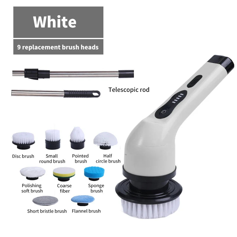 “9-in-1 rechargeable electric spin scrubber cleaning brush with multiple brush heads for kitchen and bathroom”