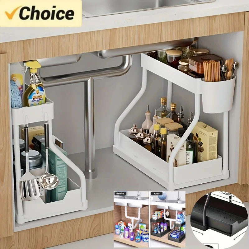 “2-tier pull-out metal under sink organizer with cleaning supplies”