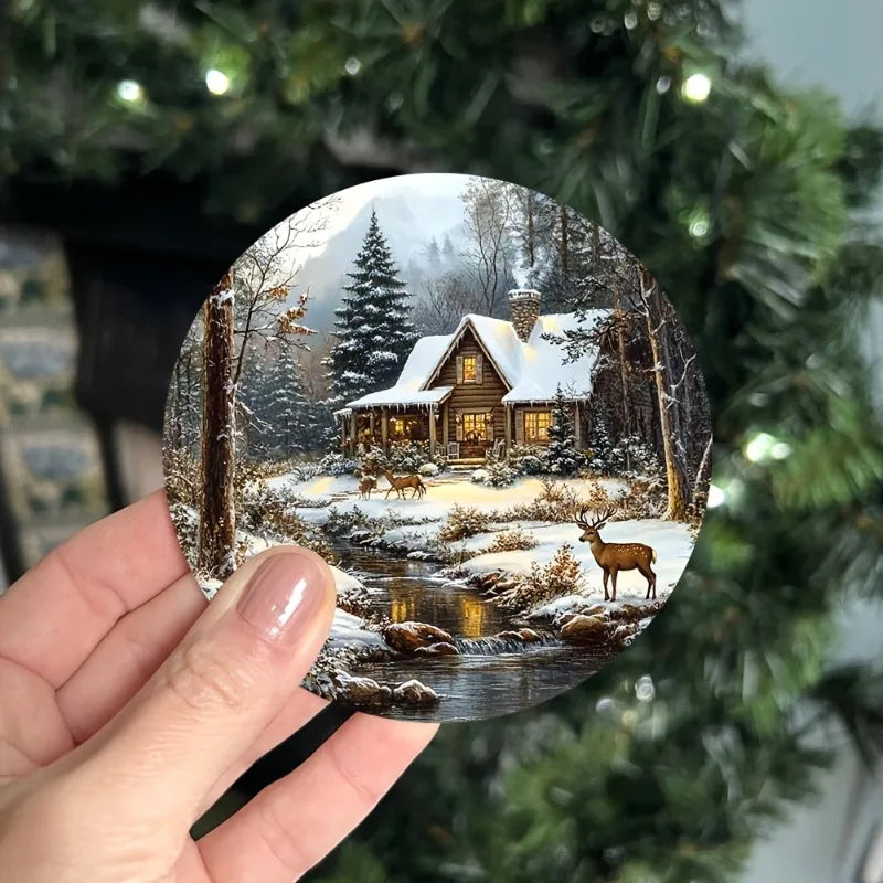 Wooden coaster with Christmas reindeer and snowy cabin design