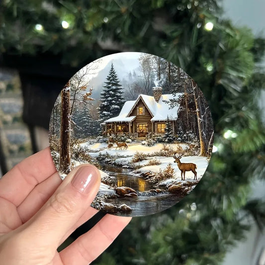 Wooden coaster with Christmas reindeer and snowy cabin design
