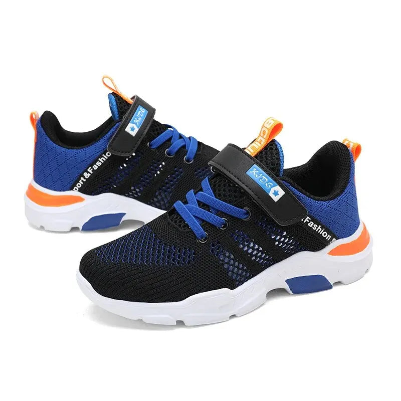Black and blue sneakers with orange accents on a white background