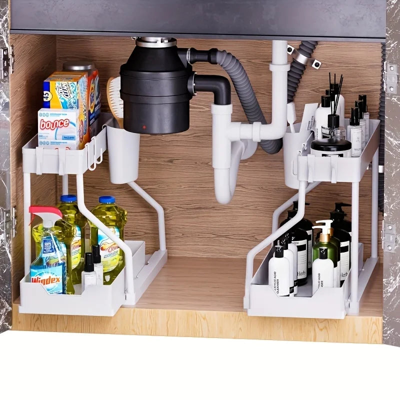 “2-tier pull-out metal under sink organizer with cleaning supplies”