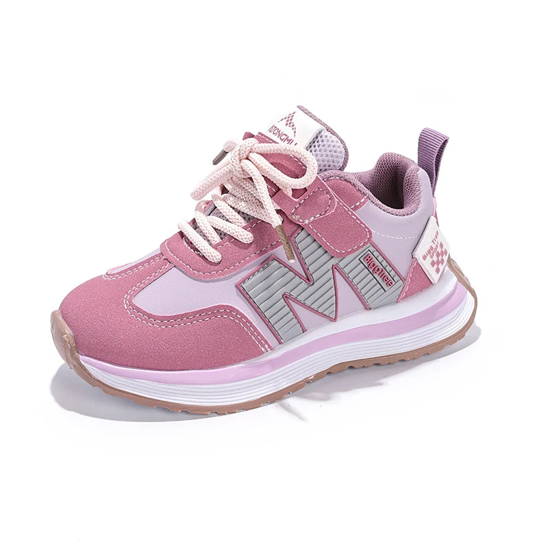Pink and gray sneaker with a visible brand logo on a white background