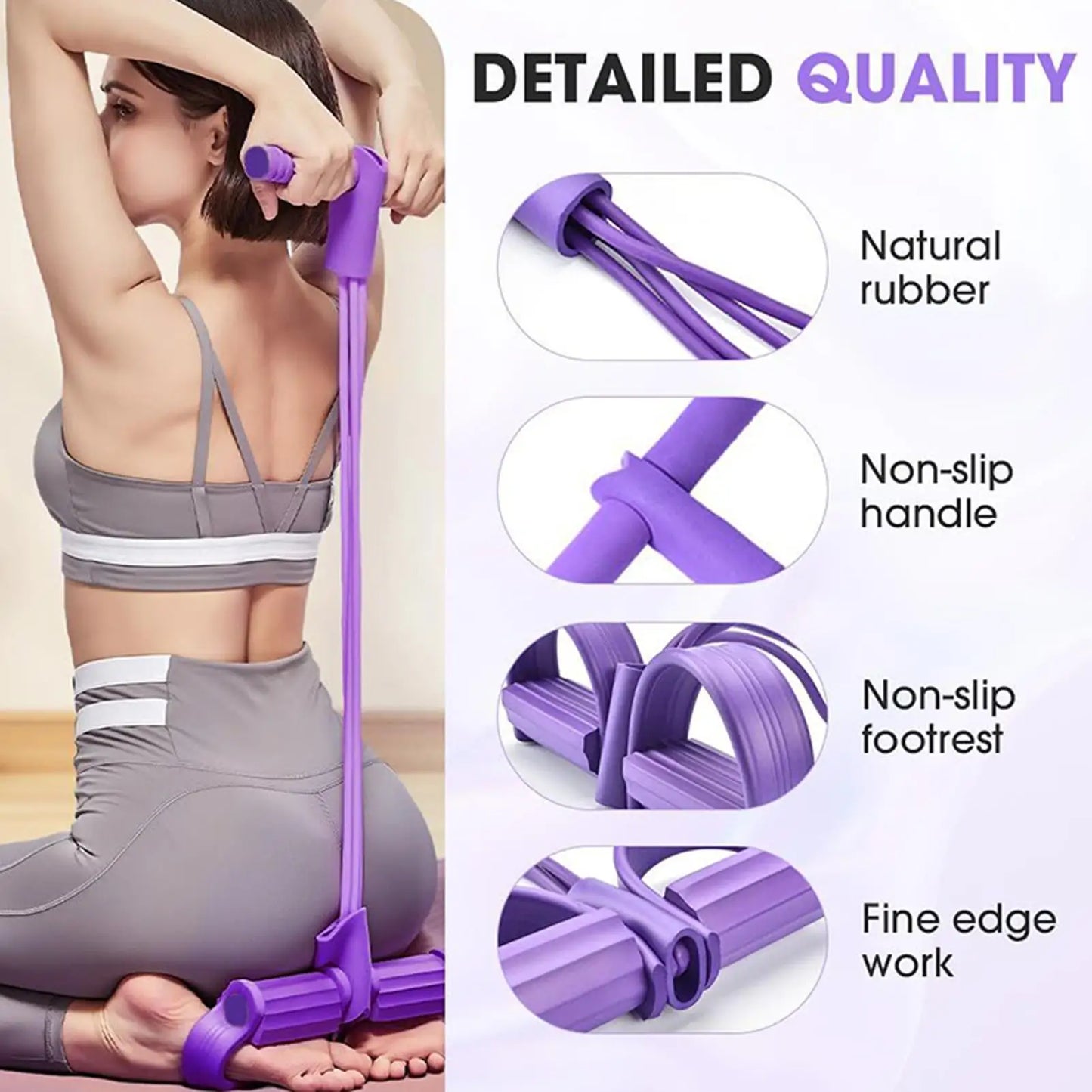 “Woman doing sit-up workout with 4-tube pedal puller resistance band”