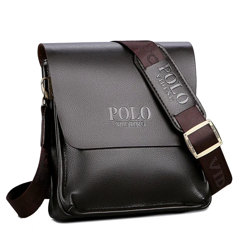 Black leather shoulder bag with brown strap and visible 'POLO' branding on a white background