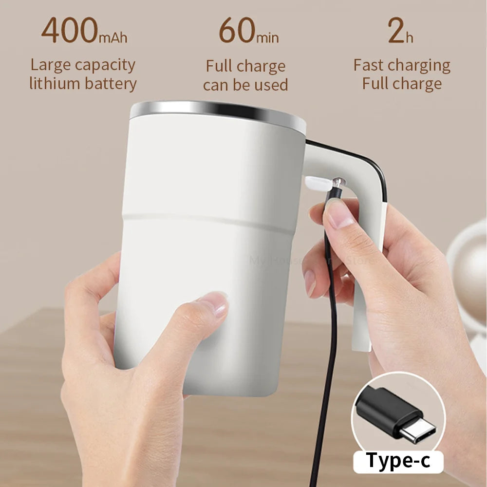 Rechargeable self-stirring mug with temperature display