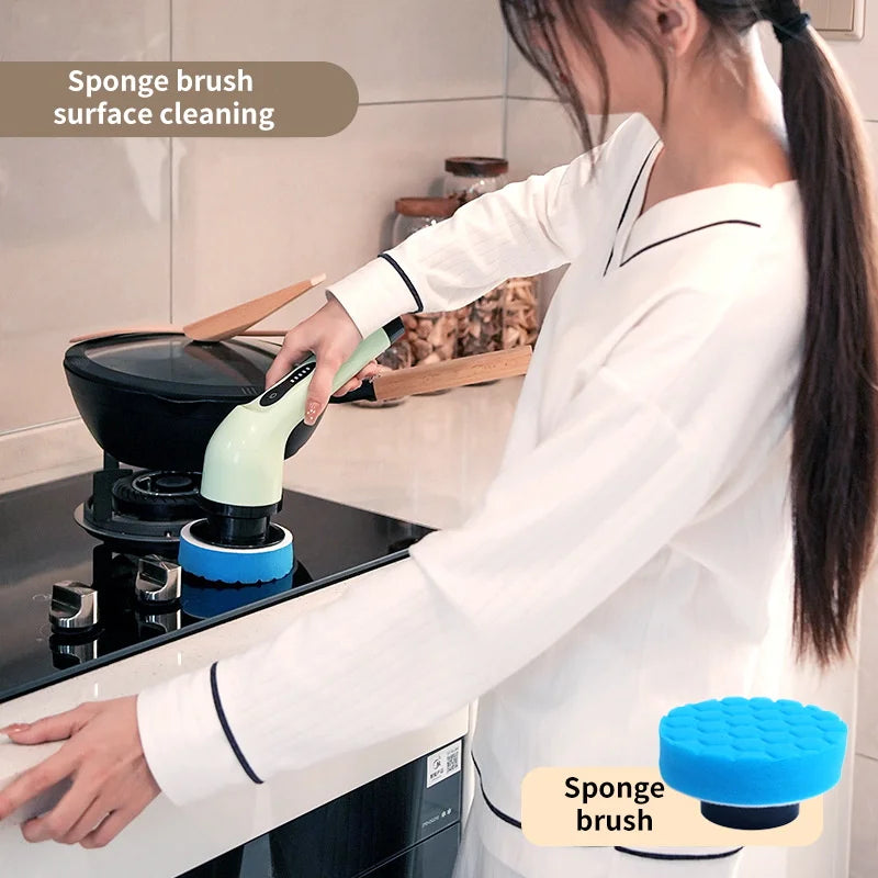 “9-in-1 rechargeable electric spin scrubber cleaning brush with multiple brush heads for kitchen and bathroom”
