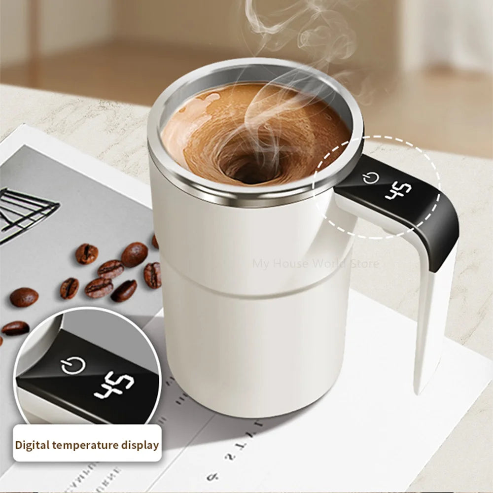 Rechargeable self-stirring mug with temperature display