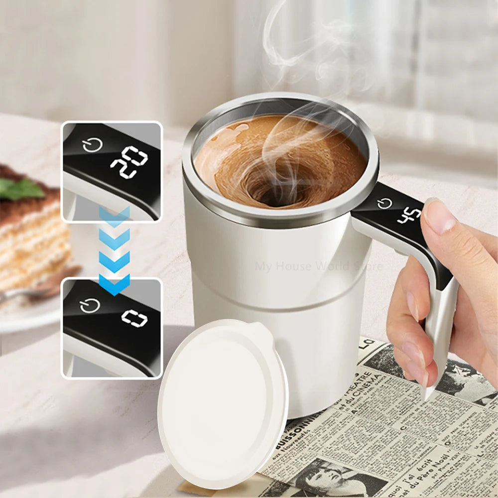 Rechargeable self-stirring mug with temperature display