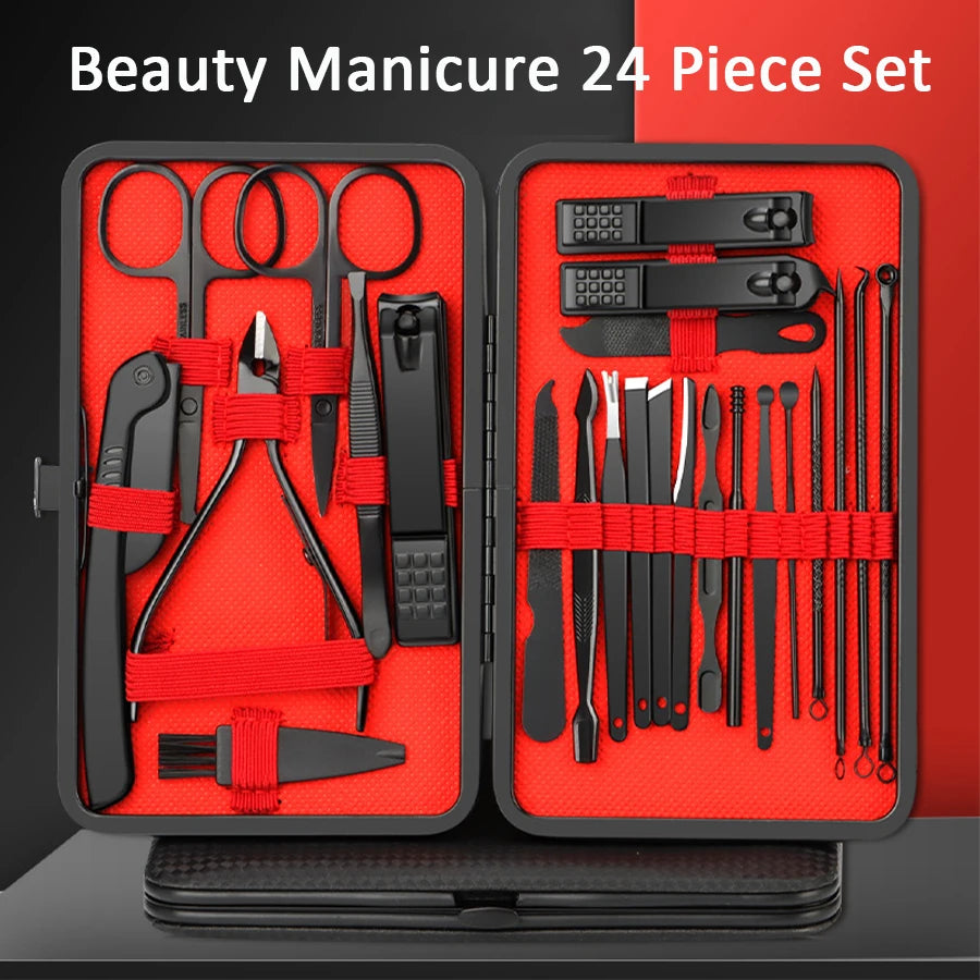 “24-piece stainless steel manicure and pedicure set in red case”
