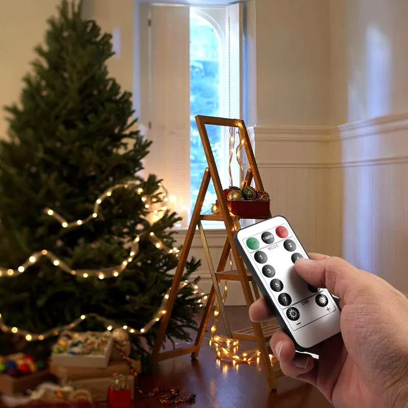 Remote-controlled LED string lights on Christmas tree