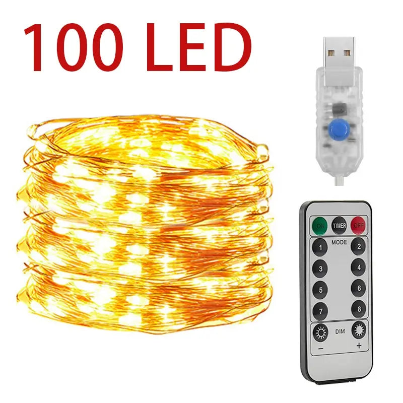 Remote-controlled LED string lights on Christmas tree