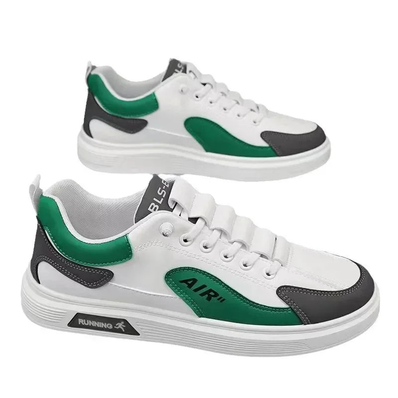 White sneakers with green and black accents on a white background