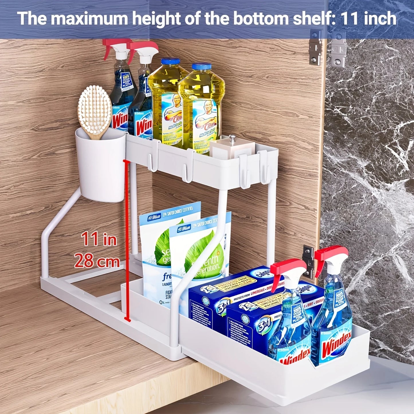 “2-tier pull-out metal under sink organizer with cleaning supplies”