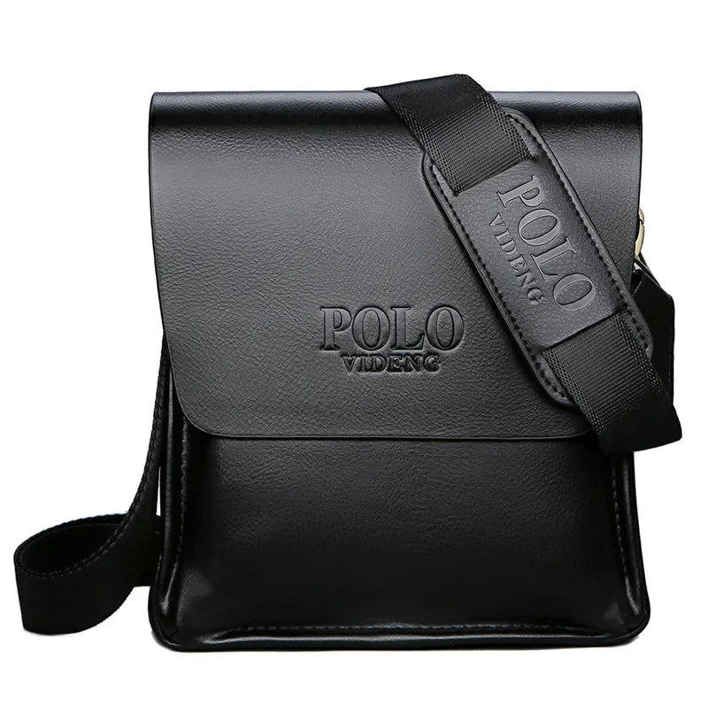 Black leather shoulder bag with 'POLO VIDENG' branding on a white background