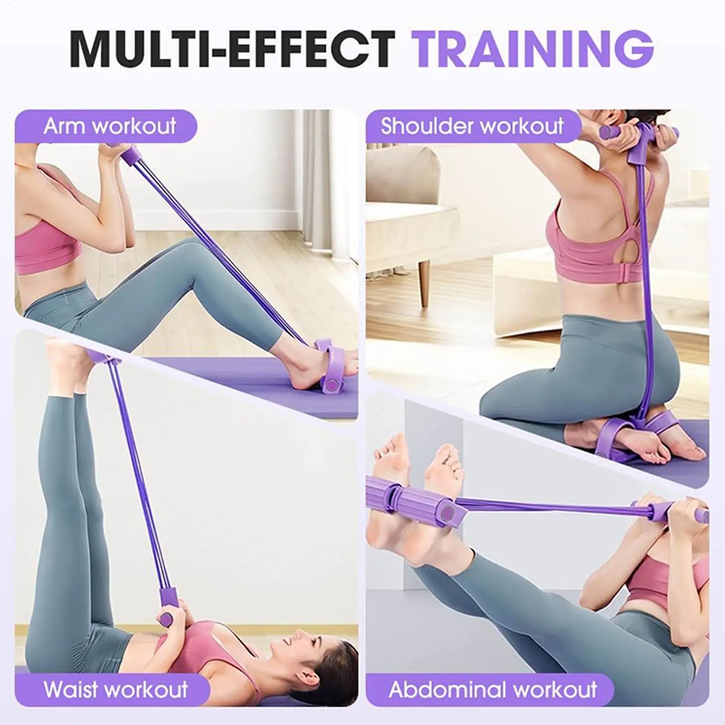 “Woman doing sit-up workout with 4-tube pedal puller resistance band”