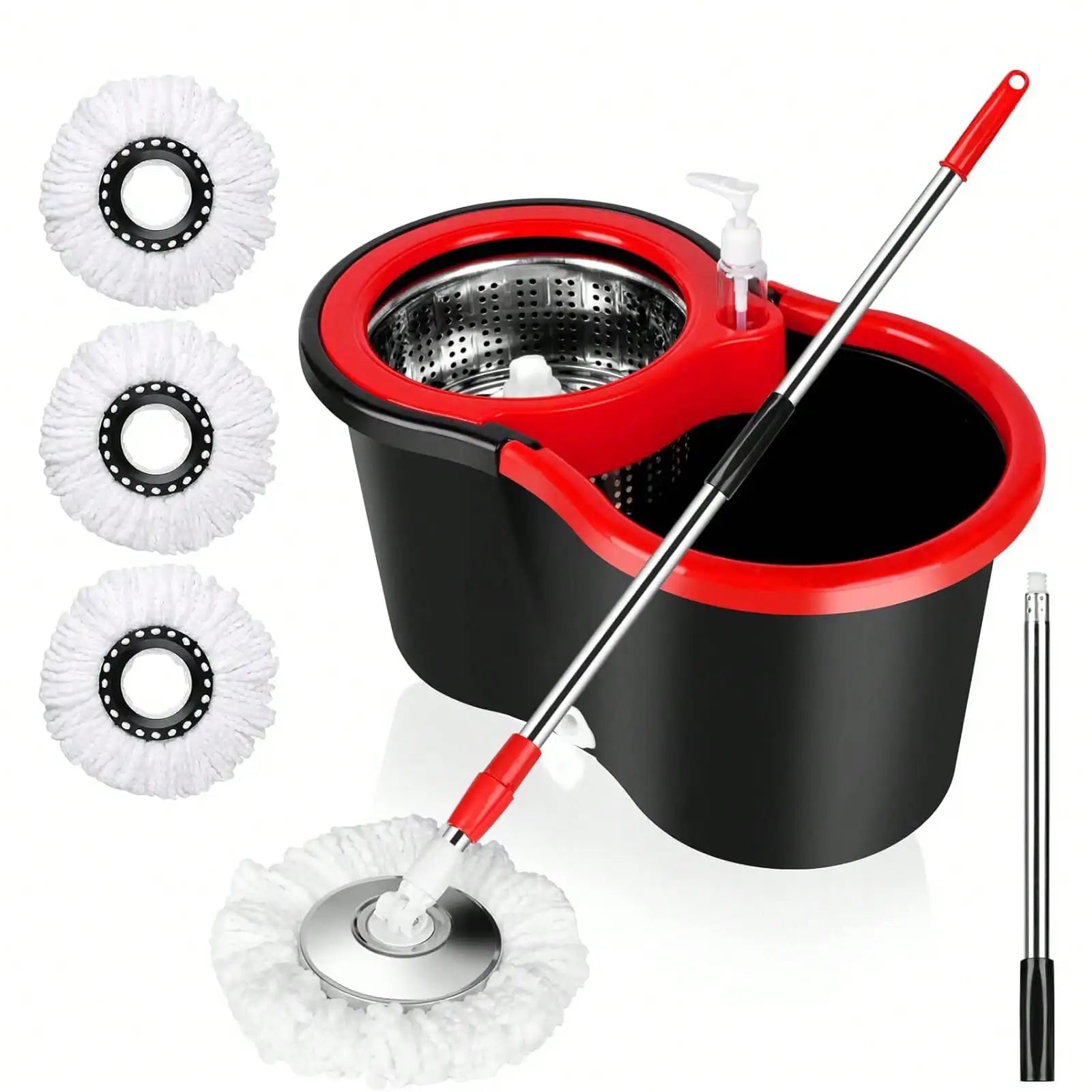 Spin mop and bucket set with 3 microfiber heads – black and red