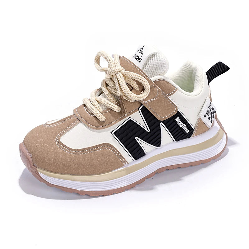 Beige and white sneaker with a prominent 'N' logo on a white background