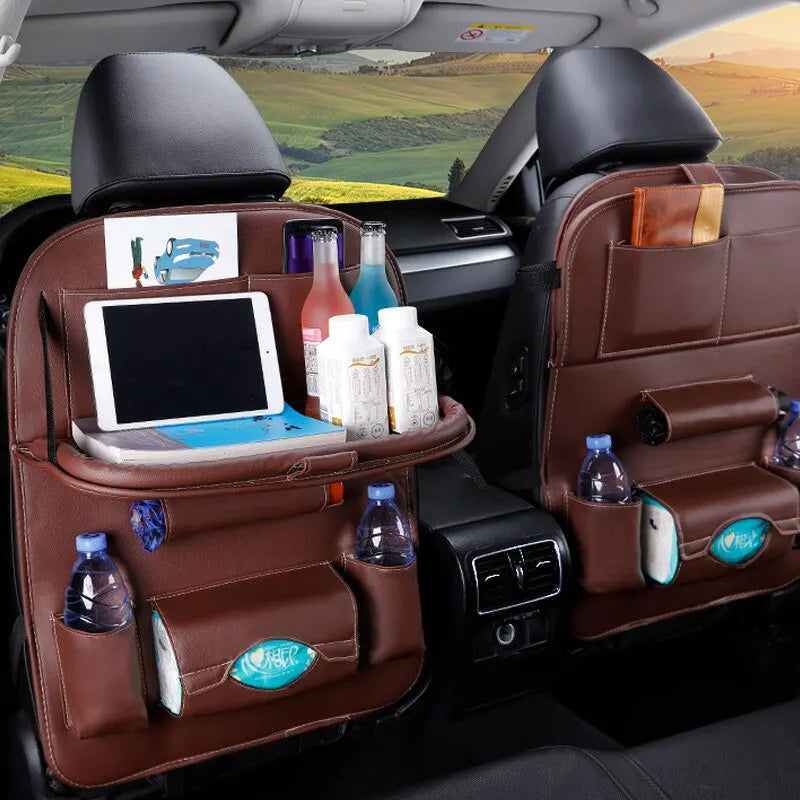 “PU leather car seat back organizer with foldable table tray and multiple pockets”