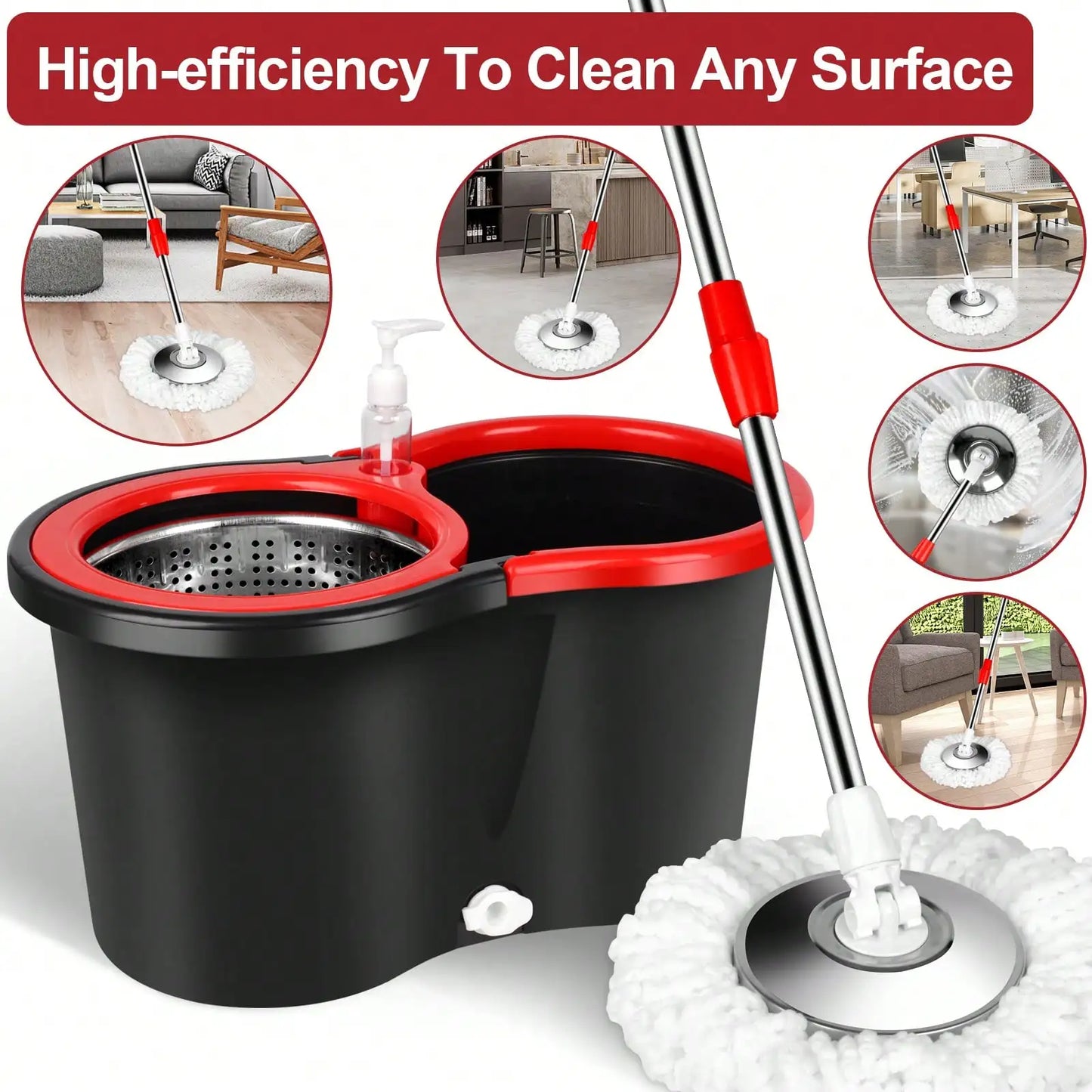 Spin mop and bucket set with 3 microfiber heads