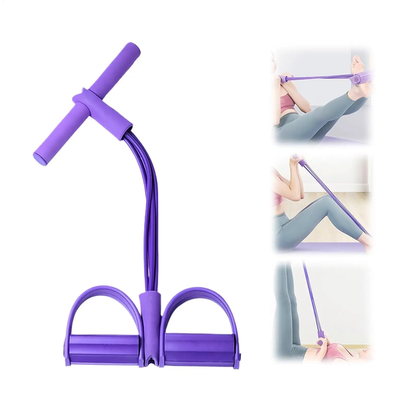 “Non-slip foam handles and pedals on purple 4-tube resistance band”