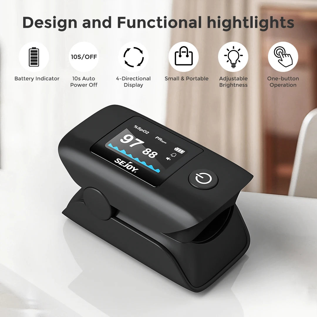 Black pulse oximeter with features listed on a white background