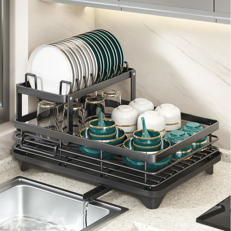 2-tier black dish drying rack with drainboard for kitchen counter