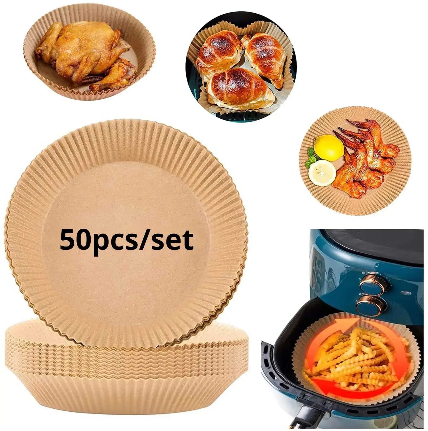 50/100 Pcs Disposable Air Fryer Paper Liners – 20 cm Oil-Proof, Water-Proof, Non-Stick Cooking Paper