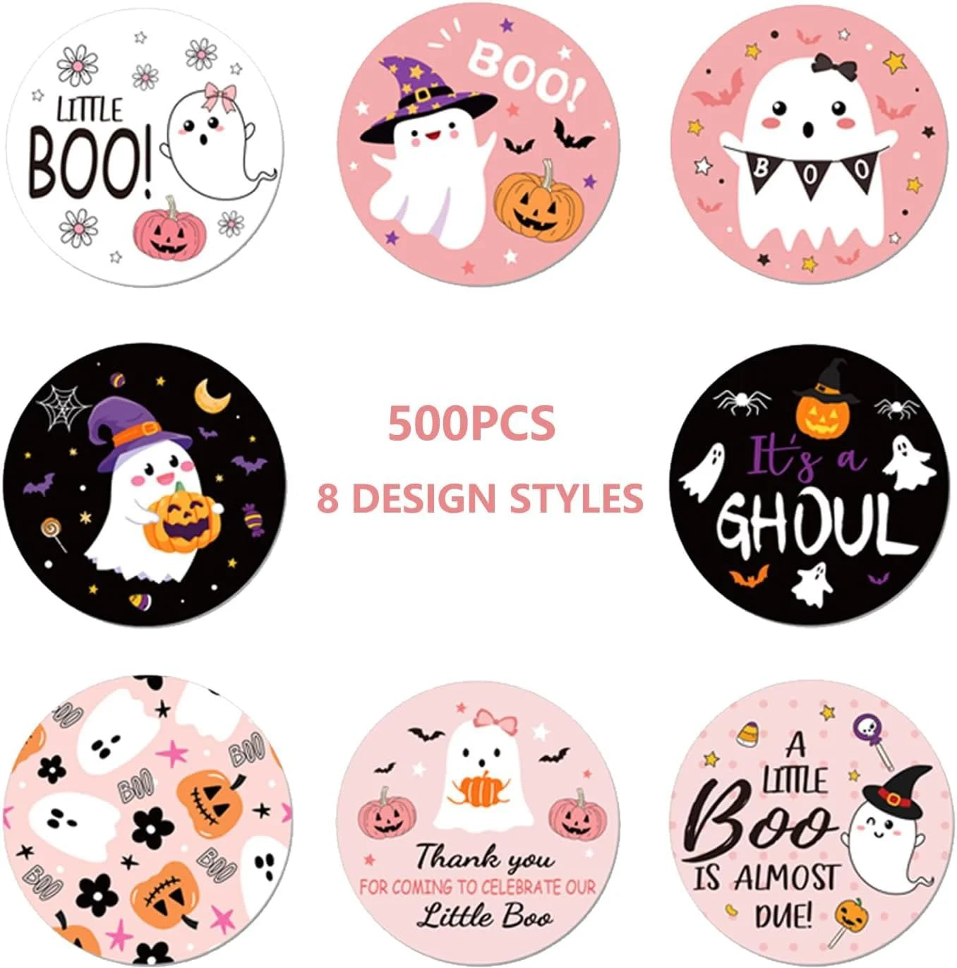 Roll of 500 pink Halloween cartoon stickers