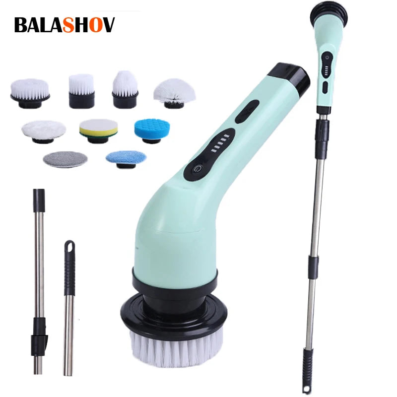 “9-in-1 rechargeable electric spin scrubber cleaning brush with multiple brush heads for kitchen and bathroom”
