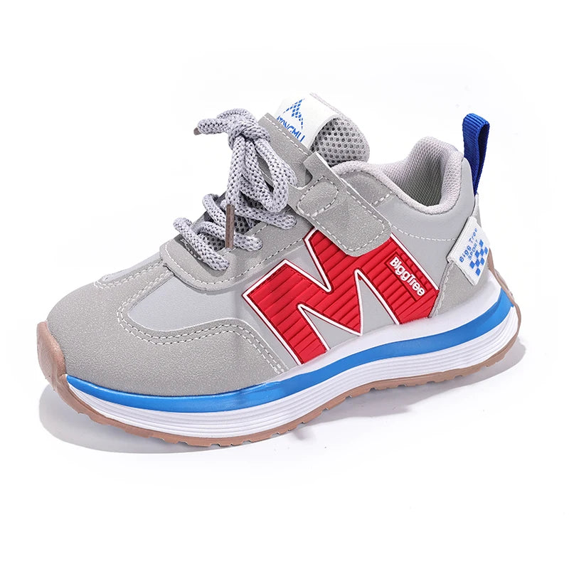 Gray sneaker with red 'M' logo on a white background