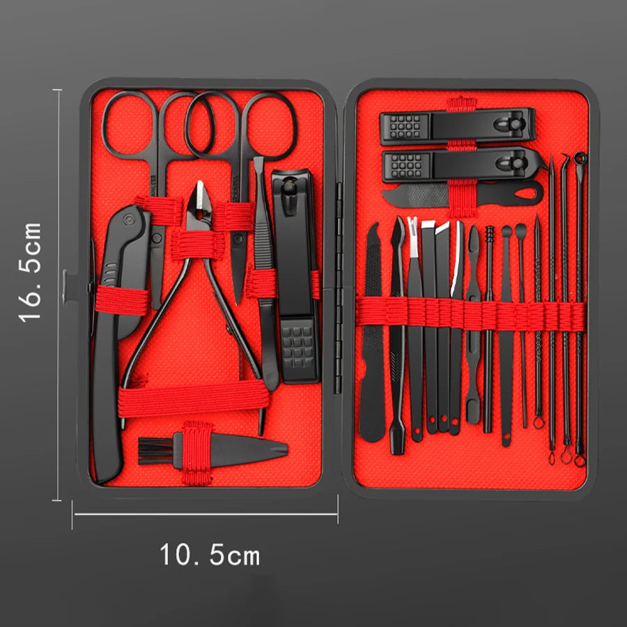 “24-piece stainless steel manicure and pedicure set in red case”