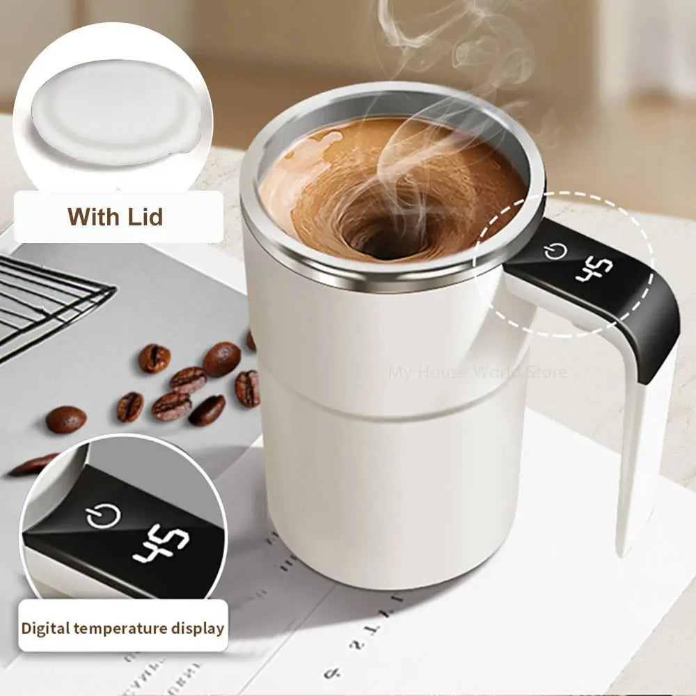 Rechargeable self-stirring mug with temperature display