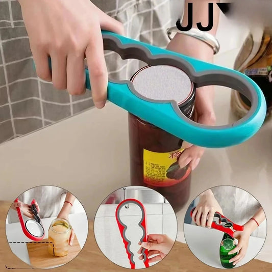 “4-in-1 multi-function can and bottle opener with anti-slip handle”